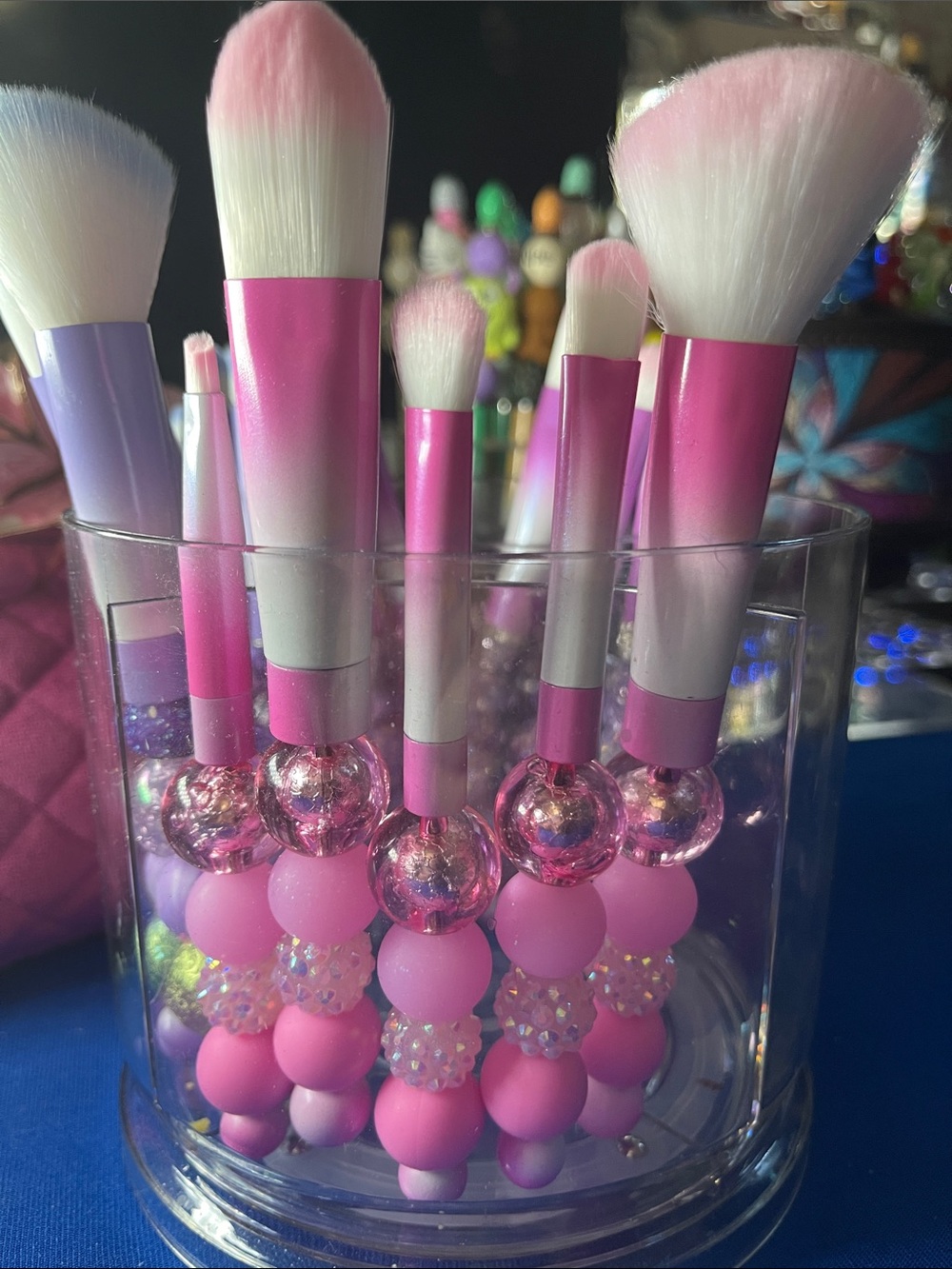 Hand Crafted Pink and White Beaded Makeup Brush Set